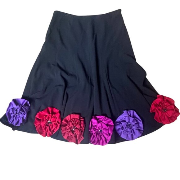 VTG. Y2K SUNNY LEIGH BLACK FLOWER APPLIQUE 3D MIDI SKIRT SZ. 6 MEDIUM - Picture 2 of 6